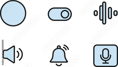 Vector line icon set for hearing UIs. Captions badge, subtitles toggle, volume visualization indicator, sound-off icon, visual alert bell, and speech-to-text button