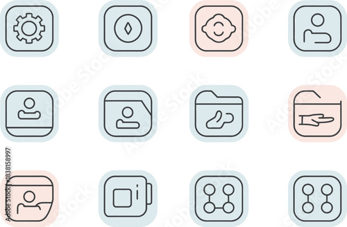 Vector line art set for cognitive accessibility UI. Navigation button, highlight important info icon, consistent structure symbol, visual hint indicator, step-by-step panel, and guiding arrow badge