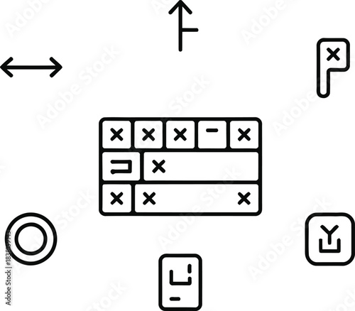 Vector linear icon set representing keyboard. Tab key navigation arrow, enter key activation, shortcut key symbol, ring outline, keyboard-only menu icon, and hotkey badge