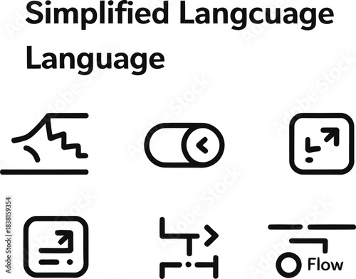 Vector linear set for language UI. Plain text mode icon, content toggle, easy-read button, step-by-step interface symbol, instructions icon, and logic flow badge