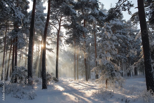 Snow‑Covered Pine Forest with Morning Sun Rays — Peaceful Winter Woodland Landscape winter forest in the morning