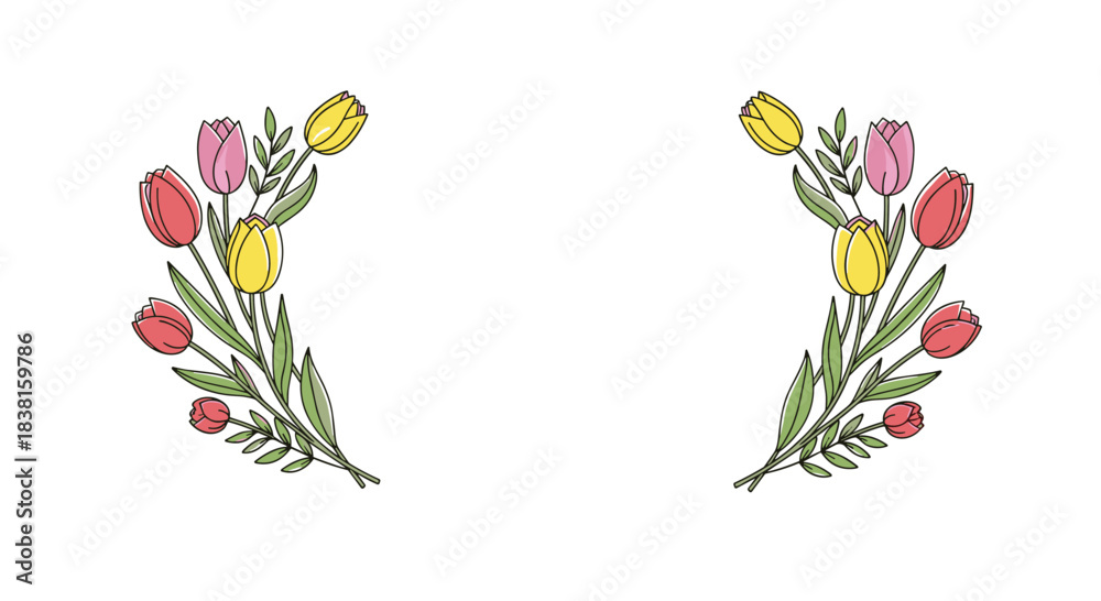 Naklejka premium A charming symmetrical border of hand-drawn red, pink, and yellow tulips with green leaves, creating a fresh floral frame on a white background.