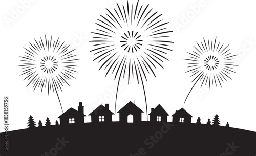 Black silhouette fireworks exploding over village houses and trees