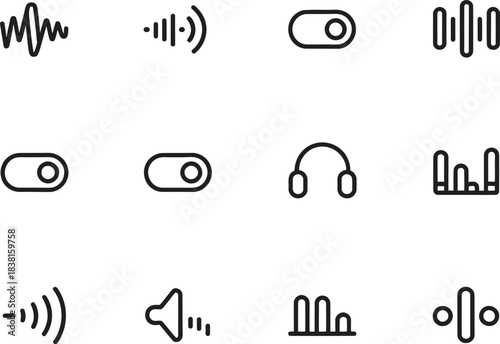 Vector outline icon set representing audio accessibility assistance. Speech clarity control, noise reduction toggle, mono audio button, equalizer preset, visual sound meter, and alert vibration icon