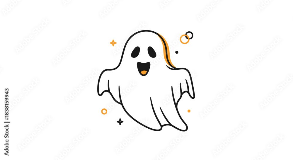 Fototapeta premium A minimalist cartoon ghost smiling widely with bold black outlines and vibrant orange accents, creating a fun and friendly Halloween illustration.