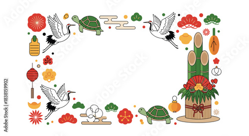 Colorful Japanese New Year frame illustration with traditional auspicious symbols like cranes, turtles, and kadomatsu, ideal for festive greetings.
