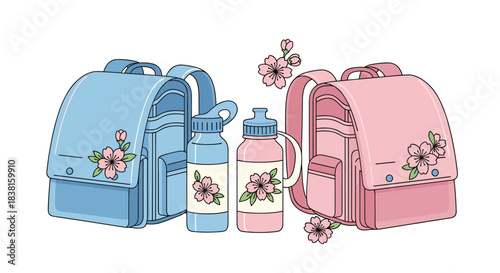 Pastel blue and pink randoseru school bags and water bottles, decorated with beautiful cherry blossoms, against a white background.