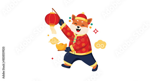Happy cartoon Shiba Inu dog in traditional Chinese clothing holds a red lantern and gold ingot, symbolizing prosperity and good luck.
