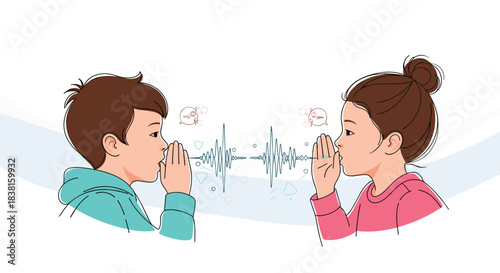 Two children, a boy and a girl, engage in quiet communication, with visual sound waves indicating the flow of their whispered message.