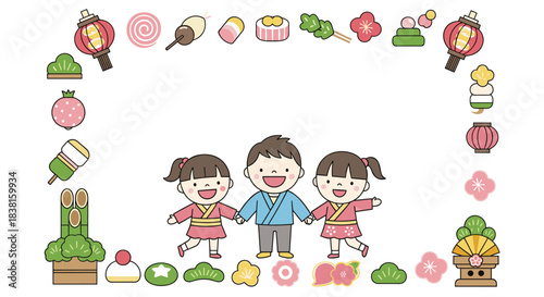 Smiling children in traditional Japanese attire holding hands, framed by an assortment of traditional Japanese sweets and New Year decorations.