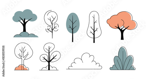A collection of stylized flat design trees and bushes in various shapes and forms, with some featuring subtle color fills.
