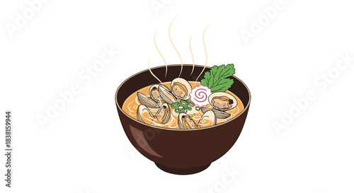 A steaming bowl of delicious Japanese clam ramen, garnished with narutomaki, green onions, and fresh herbs, perfect for a warm and comforting meal.
