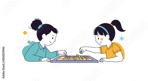 Two young girls are happily engaged in playing a colorful board game together, enjoying a fun and educational activity indoors.
