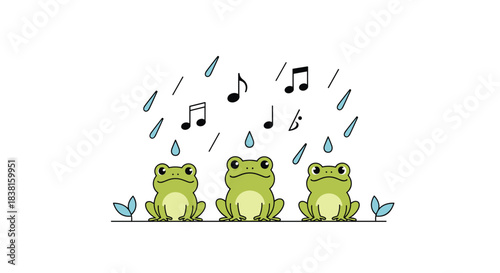 Whimsical illustration of three green cartoon frogs happily croaking in the rain, surrounded by water droplets and musical notes.