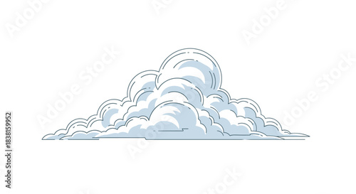 A detailed graphic illustration depicts a fluffy, towering cumulus cloud formation with bold outlines and internal shading, isolated on a white background.