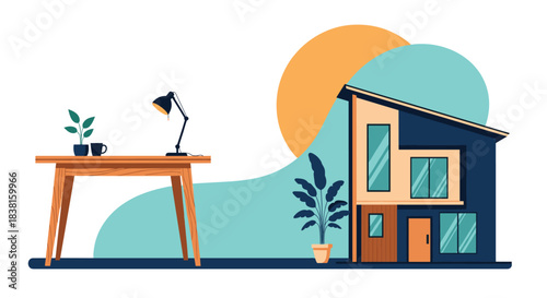 A contemporary illustration depicting a stylish home with a dedicated work-from-home space, featuring minimalist design and serene elements.