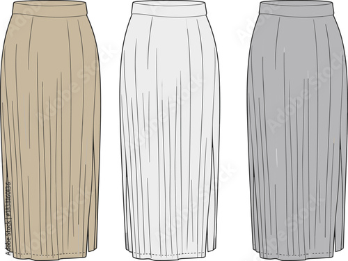 Long pleated skirt fashion sketch, high waist vertical pleats color variation, cad drawing flat vector