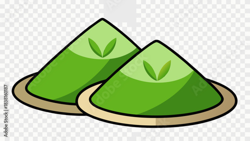 Two piles of matcha powder with green leaves and a circular white line design ai generative, transparent background, white background.
