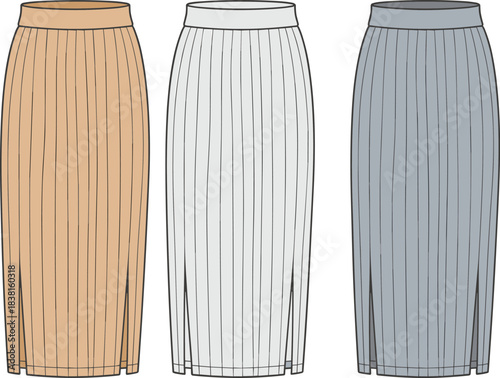 Pleated skirt fashion sketch, high waist vertical pleats color variation, cad drawing flat vector