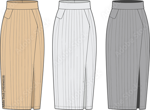 Pleated skirt fashion sketch, high waist side slit flap detail, color variation, cad drawing flat vector