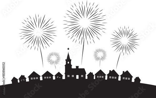 Black silhouette fireworks exploding over village skyline