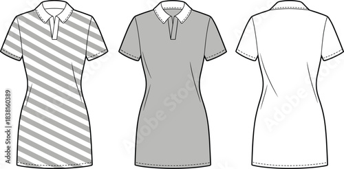 Polo dress fashion sketch, short sleeve high neck stripe solid back view, cad drawing flat vector