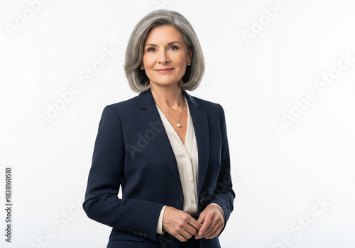 Portrait of a confident mature businesswoman with grey hair in a blue suit smiling on white background