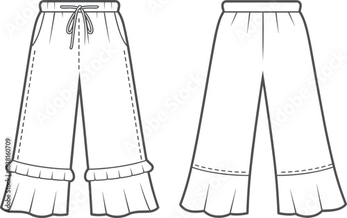 Wide leg pants fashion sketch, ruffle hem tiered design, drawstring waist, cad drawing flat vector