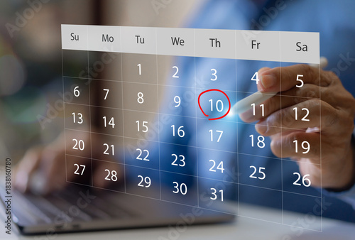 Calendar interface with marked date, hand pointing at schedule, planning productivity, deadline reminder, appointment booking and business workflow, smart organization tool, time management concept