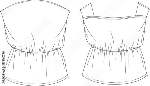 Women's top fashion sketch, gathered waist strap front curved hem back view, cad drawing flat vector