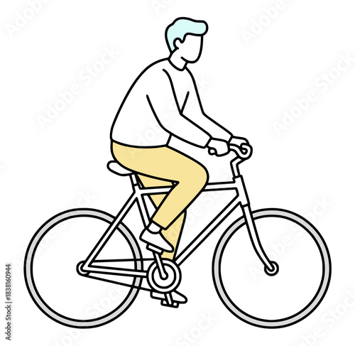 自転車で通勤する男性の全身線画イラスト - サイクリング・通学・クロスバイク・移動・ビジネス・エコ
