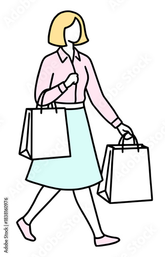 買い物をする女性の全身線画イラスト - ショッピング・セール・バーゲン・紙袋・消費・購入