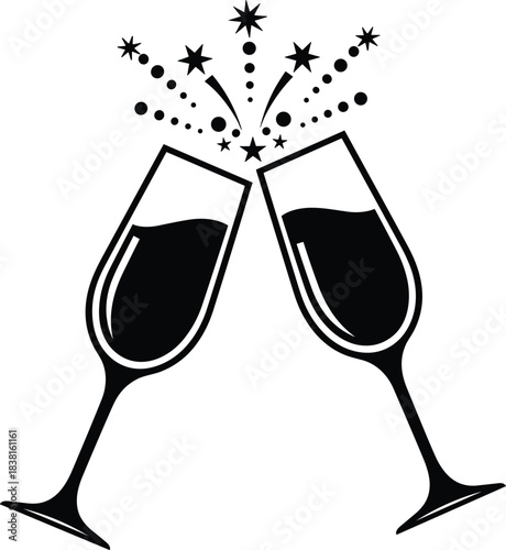 Champagne glasses toast black silhouette vector, celebration fireworks, clinking flutes, New Year, party graphic icon, congratulations element.