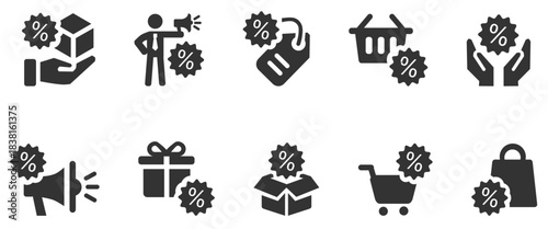 offer icon set.containing promotion, sale, discount, shopping, retail, marketing and more. Solid vector icon symbol illustration.