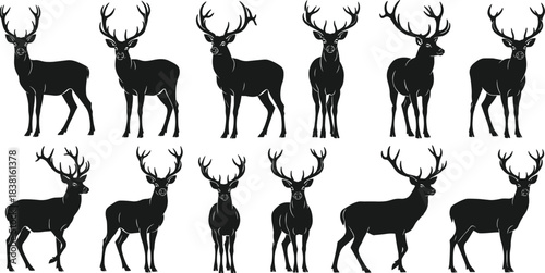 Stag Deer Silhouettes Vector Set: Majestic Bucks with Large Antlers, Hunting, Wildlife, Forest Animal, Christmas, Winter, Black Isolated Icons Collection.