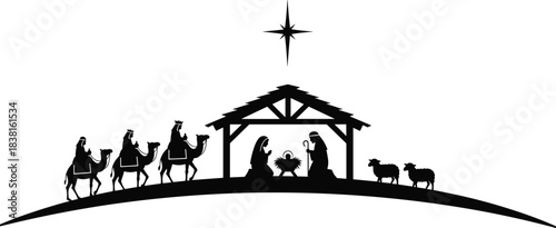 Three Wise Men on camels black silhouette vector, Magikings traveling to Nativity stable, star, religious Christmas holiday icon graphic.