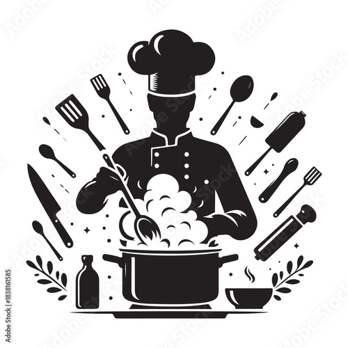 Chef Cooking Silhouette Kitchen Preparation Vector