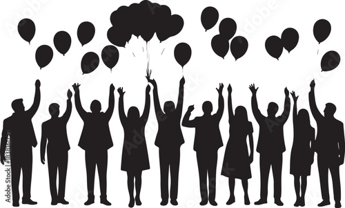 Black silhouettes of people releasing balloons against white background
