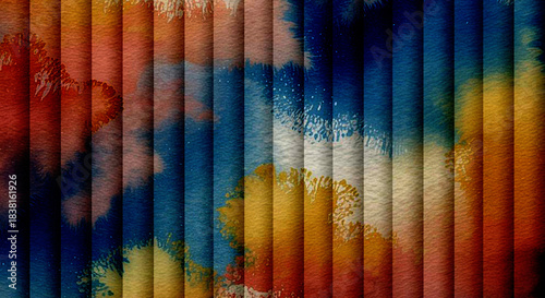 Illustration of abstract watercolor texture with vertical pleats in red, blue, and yellow hues