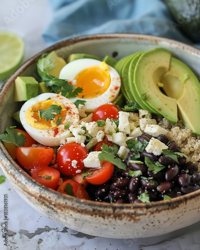 Healthy grain bowl with soft-boiled eggs, avocado, black beans, and tomatoes