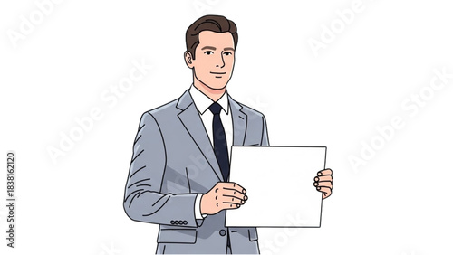 Businessman Holding Blank Paper Document Indoor Professional Presentation Front View