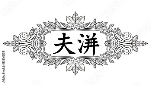 Elegant Floral Design, Calligraphy Art, Decorative Frame, Vintage Style, Black and White, Centered View, Traditional Concept
