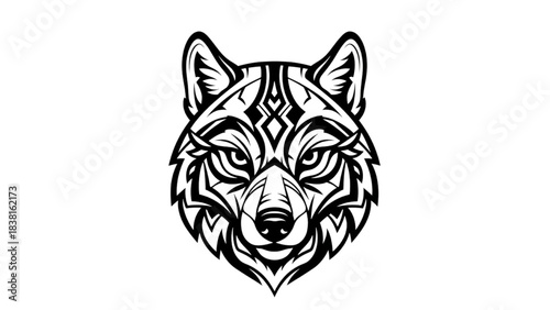 Wolf Head Illustration, Tribal Design, Vector Graphic, Black and White, Front View, Artistic Concept