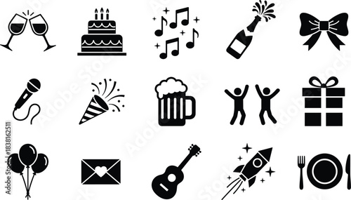 Party celebration line icons set with cake, music, champagne, gift, balloons, dancing people, dinner, entertainment symbols vector collection