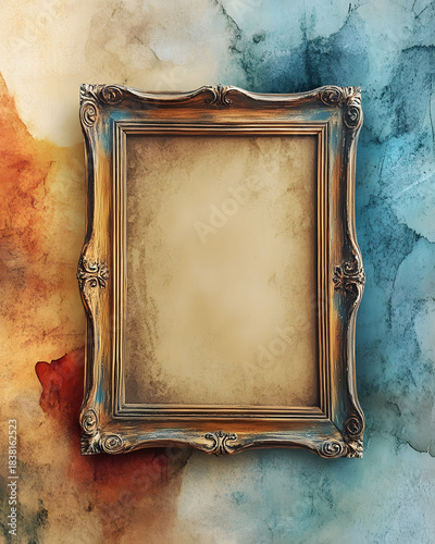 Antique wooden photo frame on a textured brown grunge wall for an empty vintage picture design