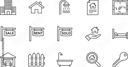 Real estate line icons set with house, building, sale, rent, sold, contract, key, bathroom, garage, property symbols vector