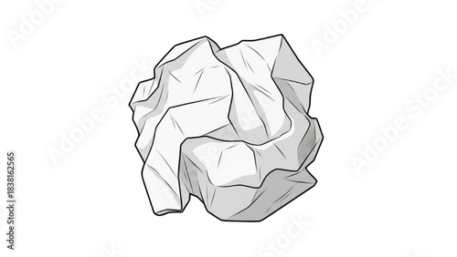 Detailed grayscale illustration of a crumpled piece of paper, representing discarded ideas or environmental waste