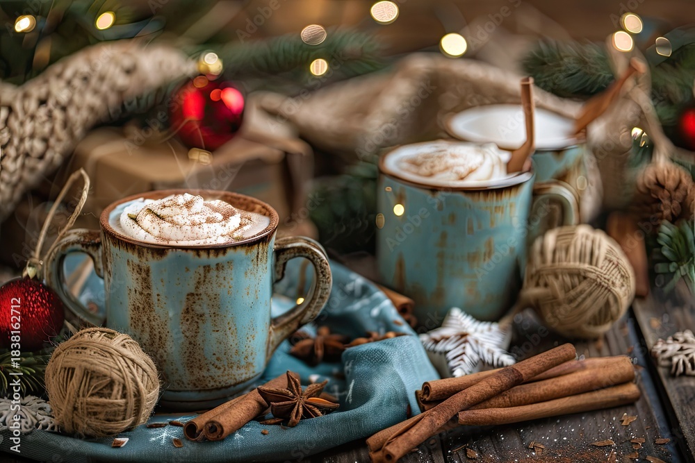 Fototapeta premium Cozy holiday still life with cinnamon sticks, warm cocoa mugs, and rustic décor.