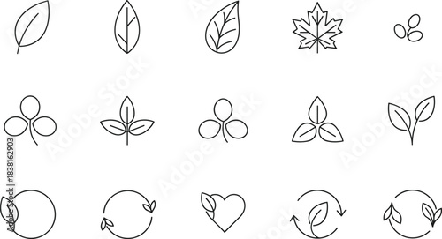Minimal leaf line icons set, eco nature symbols, recycling arrows, organic plant shapes, sustainable design elements vector illustration collection pack