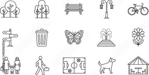 Minimal park line icons set with trees, bench, bicycle, lamp, fountain, family, dog, playground, outdoor city recreation symbols vector collection